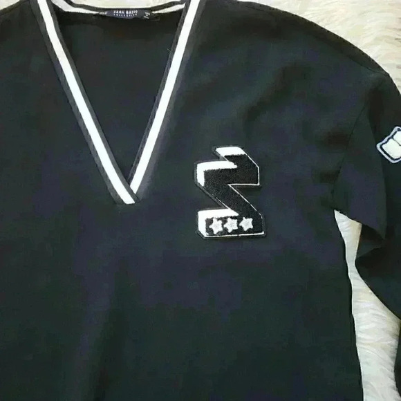 Zara Varsity Patch Black v-neck long sleeve shirt Dress size xs - Picture 12 of 12